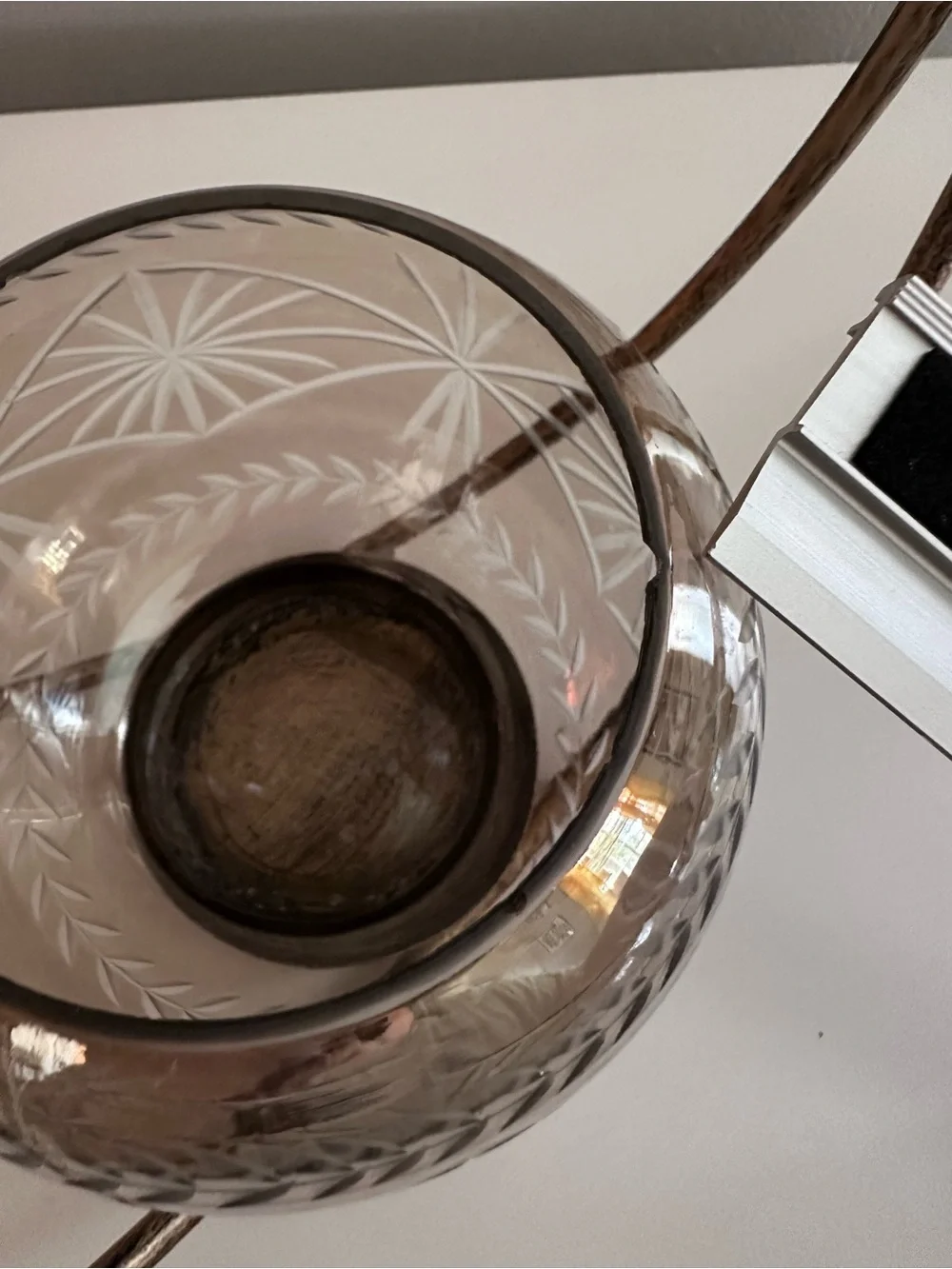 Etched Glass Globe With Distressed Brass Hoop Frame - Candle Holder or Planter